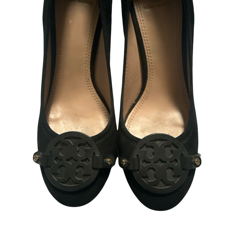 Tory Burch Mini Miller 85mm Block Heel Pumps Black Suede Logo Heels 8.5M - Picture 7 of 11